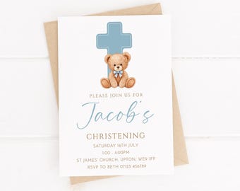 Personalised Blue Bear with Cross -  Christening, Baptism, Communion, Naming Day Invitations - With Envelopes
