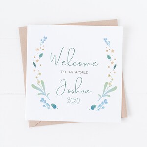 Gepersonaliseerde nieuwe babykaart - nieuwe ouders kaart - blauw bloemen - baby jongen NB2