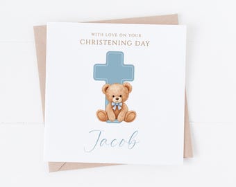 Personalised Blue Bear with Cross -  Christening Card - On your Christening Day - Baptism, Communion, Naming Day, Communion