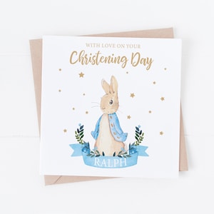 Biglietto di battesimo personalizzato in stile Peter Rabbit blu - Personalizzabile con qualsiasi testo - Battesimo, Comunione, Compleanno, ecc.
