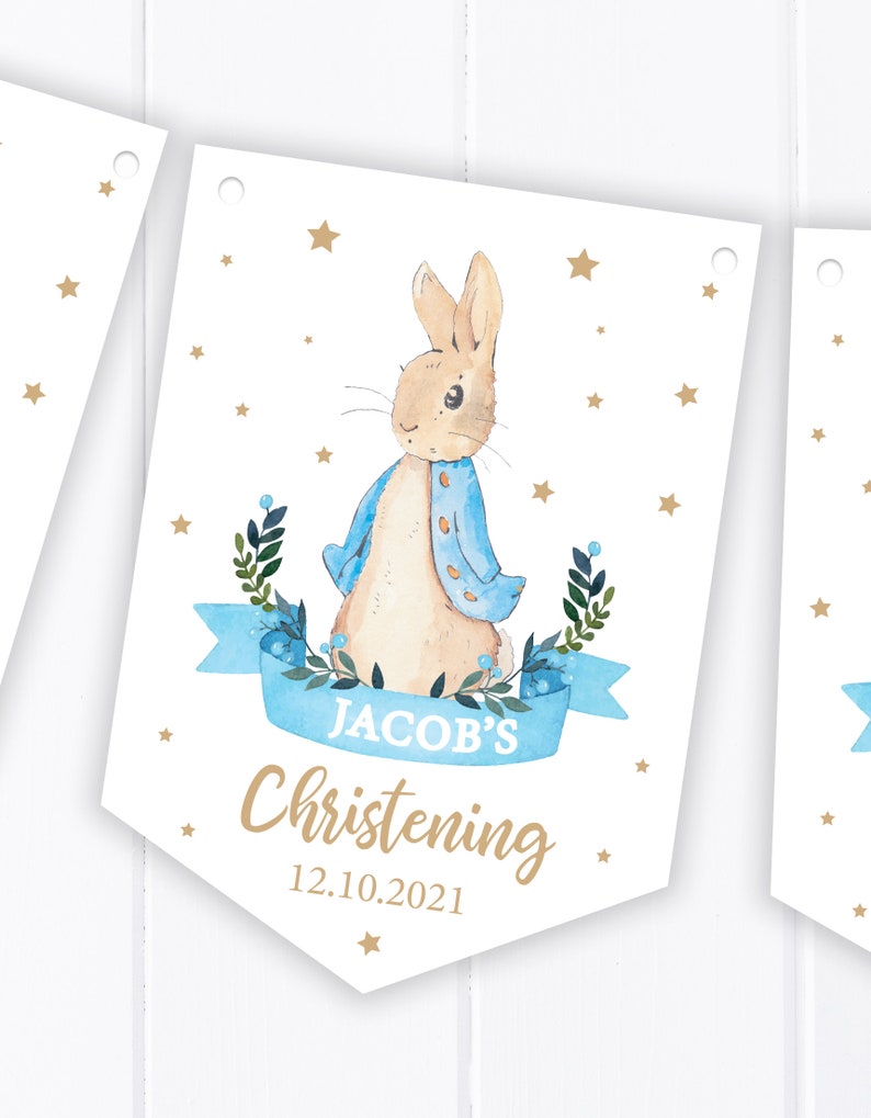 Personalised Blue Rabbit Christening, Communion, Baptism, baby Shower Bunting Party Decoration Banner / Garland B83 image 3