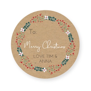 24 Personalised Christmas Labels / Stickers / Gift Labels / Tags / Wreath / Present Wrapping / Kraft effect CS21
