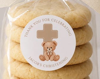 24 Personalised Stickers -  Blue Bear with Cross - Christening, Baptism, Communion - Thank You Labels