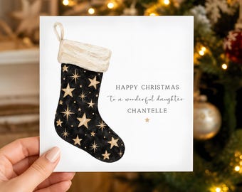 Personalised Black Star Stocking Christmas Card - Daughter, Granddaughter, Niece, Friend
