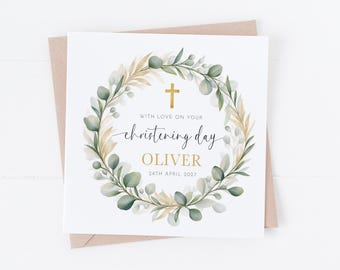 Personalised Eucalyptus Gold Leaf -  Christening Card - On your Christening Day - Baptism, Communion, Naming Day, Communion