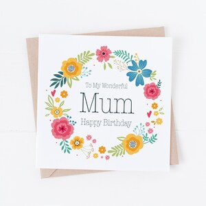 Para minha mãe maravilhosa - Cartão de feliz aniversário com guirlanda floral brilhante - Mamãe, mamãe, avó, vovó, babá, babá - BC70