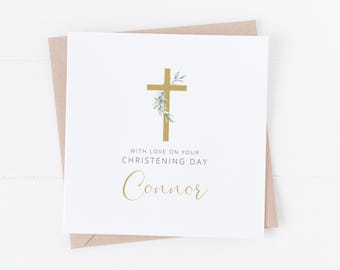 Personalised Gold Cross Eucalyptus -  Christening Card - On your Christening Day - Baptism, Communion, Naming Day, Communion