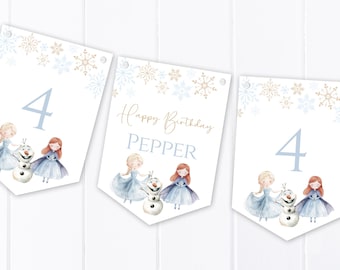 Watercolour Ice Princess - Personalised Happy Birthday Age Bunting - Children's Party Decoration Banner