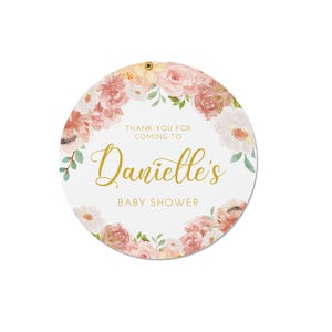 24 Personalised Floral Peony Baby Shower Stickers - Pink Flower Design