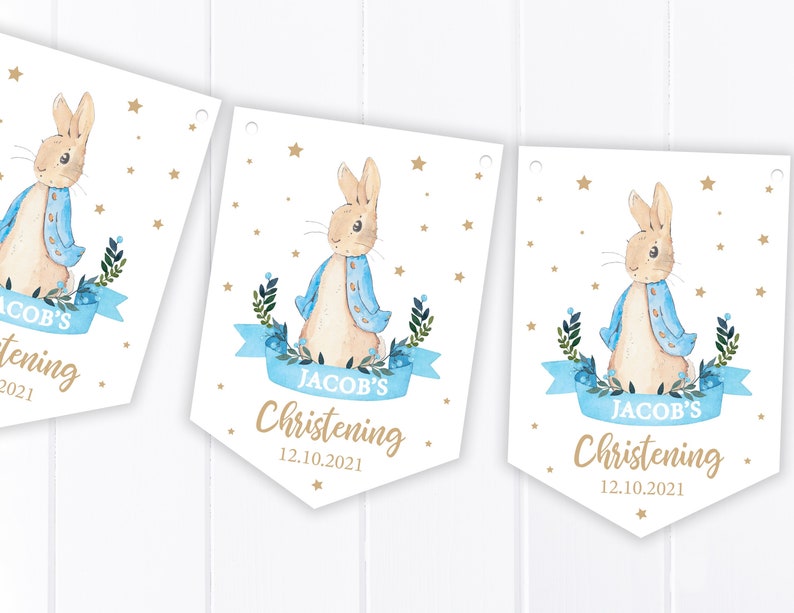 Personalised Blue Rabbit Christening, Communion, Baptism, baby Shower Bunting Party Decoration Banner / Garland B83 image 1