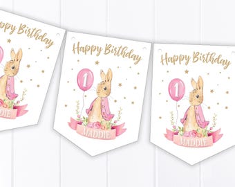 Gepersonaliseerde Pink Bunny Rabbit Happy Birthday Vlaggenlijn - Kinderfeestdecoratie banner / slinger - elke leeftijd - B81