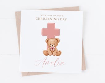 Personalised Pink Bear with Cross -  Christening Card - On your Christening Day - Baptism, Communion, Naming Day, Communion