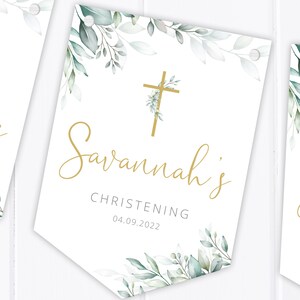 Personalised Gold Eucalyptus Bunting Christening, Baptism, Communion, Naming Day Party Decoration Banner image 2