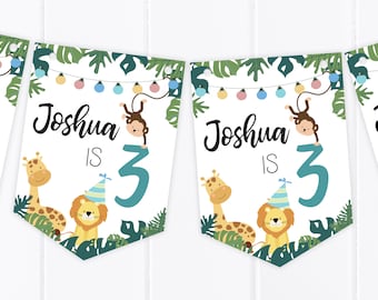 Jungle Safari Happy Birthday Bunting - Personalised Children's Party Decoration Banner / Garland - Any Age B5