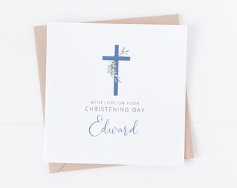 Personalised Blue Cross Eucalyptus -  Christening Card - On your Christening Day - Baptism, Communion, Naming Day, Communion
