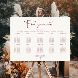 May include: A wedding seating plan displayed on a wooden easel. The white sign features burgundy text, including "Find your seat" and guest names listed under table numbers. The date "3rd October 2025" is also shown.