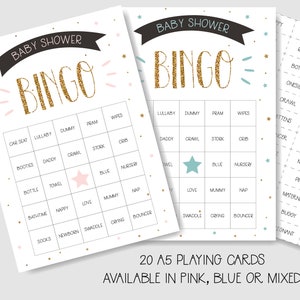 Baby Shower Bingo Spiel - 20 Spieler - Boy Girl Unisex - Blau, Pink oder Multi