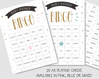 Baby Shower Bingo Game - 20 Players - Boy Girl Unisex - Blue, Pink or Multi
