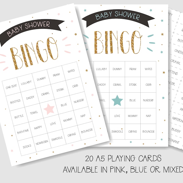 Baby Shower Bingo Spiel - 20 Spieler - Boy Girl Unisex - Blau, Pink oder Multi