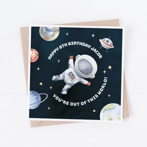 Personalisierte Weltraum Geburtstagskarte - Jeder Name oder Alter - Raumschiff, Spaceman