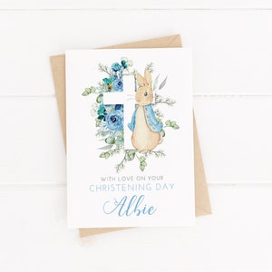 Personalisierte Blue Bunny Rabbit Taufkarte - Personalisieren Sie mit jedem Text - Taufe, Kommunion, Geburtstag, etc