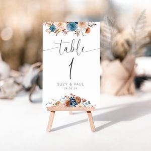 Cartes de numéro de table de mariage personnalisées bleu sombre - Design floral d'automne