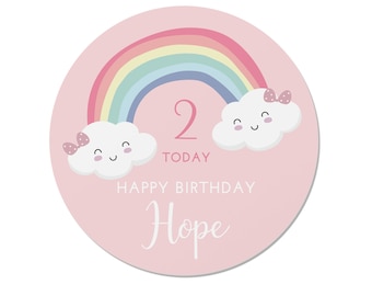 24 Personalised Pink Rainbow Happy Birthday Stickers - Pink or Blue - Party Bags ST6