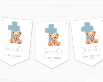 Personalised Blue Bear with Cross Bunting - Christening, Baptism, Communion, Naming Day - Party Decoration Banner