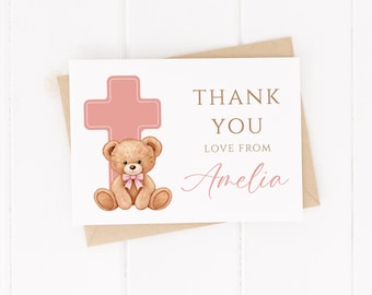 Personalised Pink Bear with Cross Thank You Cards - Christening, Baptism, Birthday, Communion, Naming Day Invitations - With Envelopes
