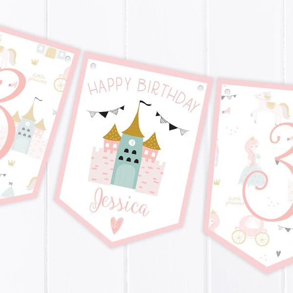 Personalised Princess Happy Birthday Bunting - Children's Party Decoration Banner B20
