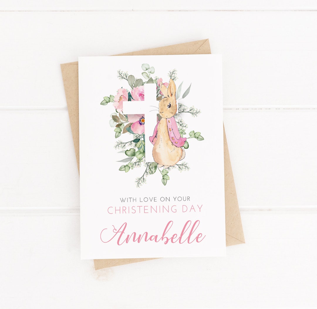 Personalised Pink Bunny Rabbit Christening Card - Personalise With Any ...