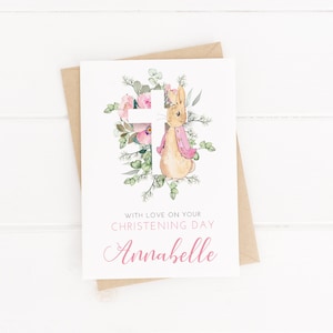 Personalised Pink Bunny Rabbit Christening Card - Personalise with any text - Baptism, Communion, Birthday, etc