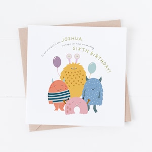 Monster Party - Biglietto di auguri di buon compleanno con mostri personalizzati - Personalizzabile con qualsiasi testo o età - Figlio, nipote, nipote, ecc.