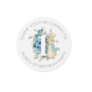 24 adesivi floreali personalizzati con coniglio blu: grazie, buon compleanno, 1° compleanno, 1 oggi