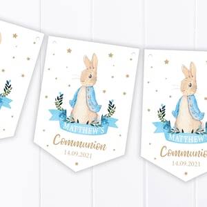 Personalised Blue Rabbit Christening, Communion, Baptism, baby Shower Bunting Party Decoration Banner / Garland B83 image 2