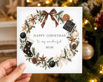 Personalised Black Accents Wreath Merry Christmas Card - Gran, Nana, Nannie, Grandma, Grandmother, Mum, Godmother - Any role