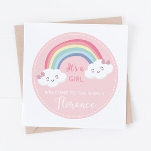 Personalisierte Rosa Regenbogen Neue Baby Karte - It's a Girl - Personalisierbar mit Text - Welcome to the world GC1