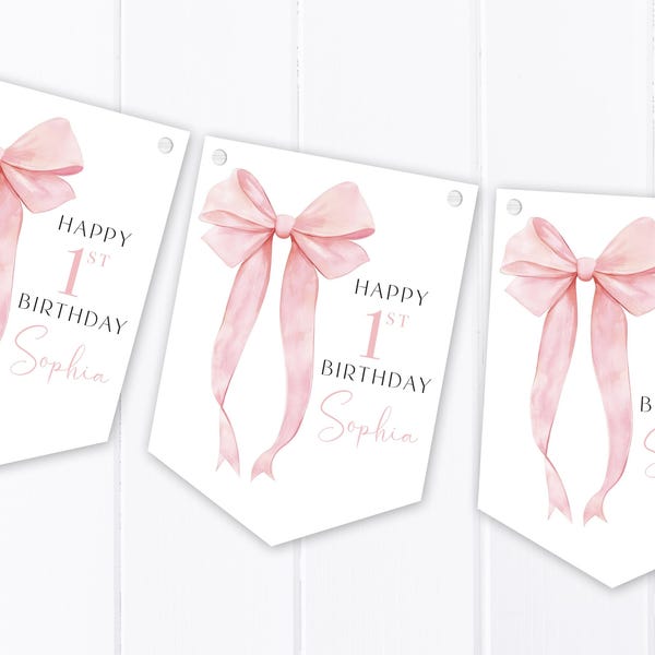 Pink Bow Ribbon Birthday - Personalised Happy Birthday Bunting - Children's Party Decoration Banner - Any Age