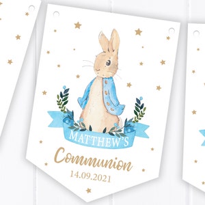Personalised Blue Rabbit Christening, Communion, Baptism, baby Shower Bunting Party Decoration Banner / Garland B83 image 4