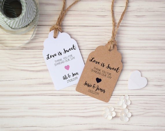 Love is Sweet Personalised Wedding Favour Tags with Twine - In White/Kraft/Ivory - 3 sizes available