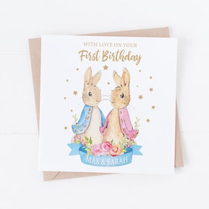 Gepersonaliseerde tweeling Flopsy Bunny Peter Rabbit-stijl verjaardagskaart - personaliseren met tekst - doop, communie, doop, enz