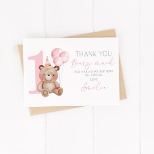 Beary Primeiro Aniversário Rosa - Cartões de Agradecimento de Aniversário Personalizados - Com Envelopes
