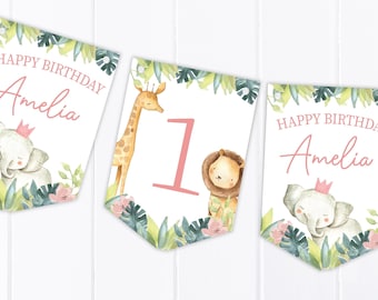 May include: A banner set with watercolor illustrations for a birthday celebration. The banners feature an elephant with a crown, a giraffe, a lion, and the name "Amelia" with the words "Happy Birthday".