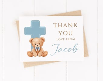 Personalised Blue Bear with Cross Thank You Cards - Christening, Baptism, Birthday, Communion, Naming Day Invitations - With Envelopes