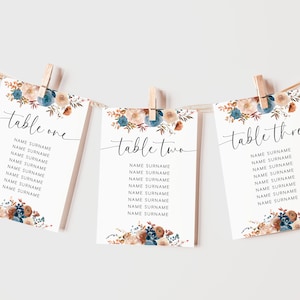 Op de afbeelding: Drie witte kaarten met bloemenmotieven en de tekst "tafel één", "tafel twee" en "tafel drie" met een lijst met namen onder elk tafelnummer.