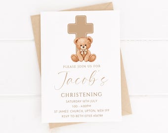 Personalised Blue Bear with Cross -  Christening, Baptism, Communion, Naming Day Invitations - With Envelopes