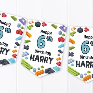 Personalised Brick Construction Happy Birthday Bunting - Children&#39;s Party Decoration Banner / Garland - Any Age