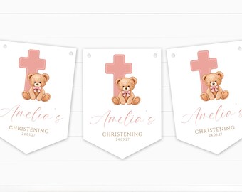 Personalised Pink Bear with Cross Bunting - Christening, Baptism, Communion, Naming Day - Party Decoration Banner