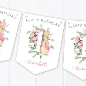 Personalizzato Pink Bunny Rabbit Happy Birthday Bunting - Banner per bambini / Garland - Qualsiasi età - 1st, 2nd 3rd - Eucalyptus Number Design