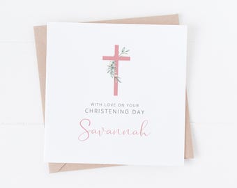 Personalised Pink Cross Eucalyptus -  Christening Card - On your Christening Day - Baptism, Communion, Naming Day, Communion